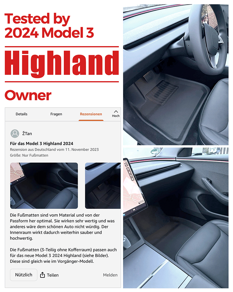 2024 Model 3 Highland-Fußmatten Allwetter-Doppelschicht-Beflockung TPE für  Tesla - Boden matte + verschleiß fester Teppich (6 PCS) / Schnalle