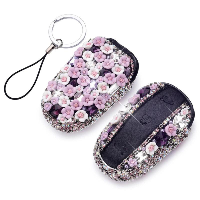 Audi Bling Car Key Leather Holder with Rhinestones- Pink/Purple